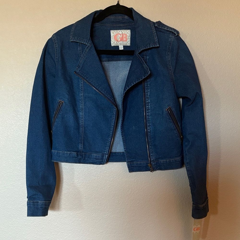 Gianni Bini Blue Denim Moto Jacket - asymmetric zip, zip pockets Y2K Bikercore